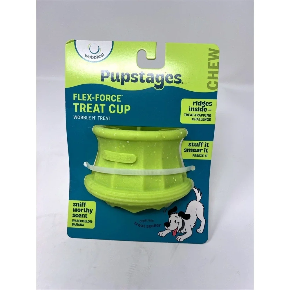 Green Pupstages Flex-Force Watermelon-Banana Scent Treat Dispensing Dog Toy New